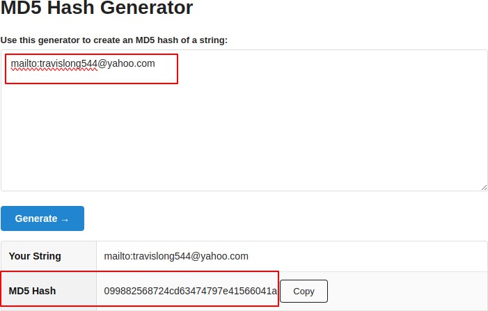 Instructions on how to enter the string 'mailto:travislong544@yahoo.com' into an online MD5 hash generator