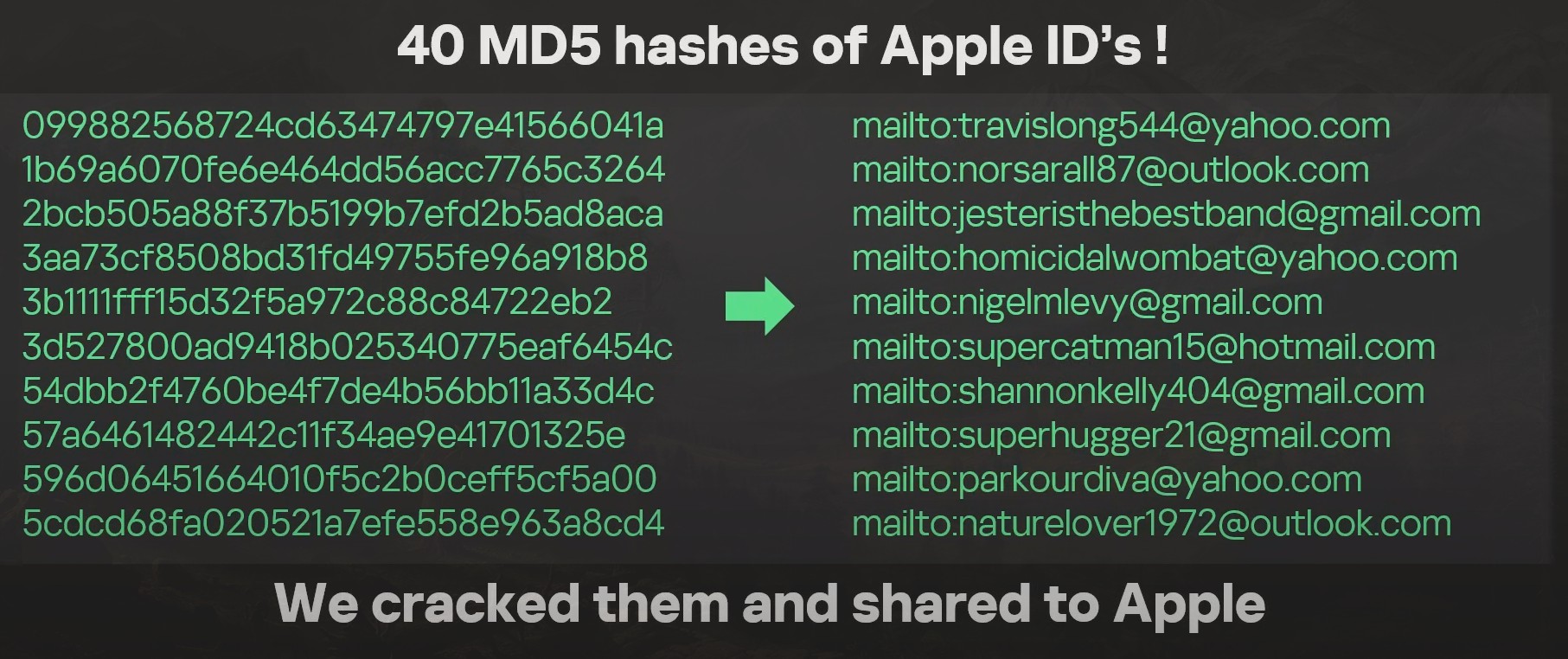 A list of Apple IDs cracked by the researchers. They look like 'mailto:travislong544@yahoo.com'